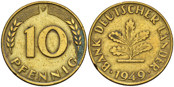 ФРГ 10 пфеннигов 1949 F KM 103, J. 378 сталь плакированная латунью 4143-526