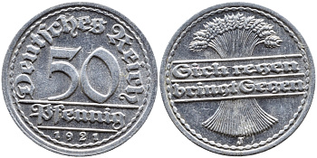 ГЕРМАНИЯ 50 ПФЕННИГОВ 1921 J KM 27, J. 301 алюминий 4390-852