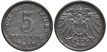 ГЕРМАНИЯ 5 ПФЕННИГОВ 1919 F KM 19, Jager 297, Weege 5 железо 4547-617