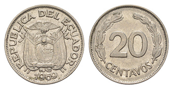Эквадор 20 сентаво 1969 KM 77.1c сталь плакированная никелем 4643-1264