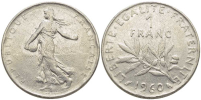 ФРАНЦИЯ 1 ФРАНК 1960 СЕЯТЕЛЬ KM 925.1, LE FRANC 226.4 никель 175-512