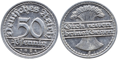 ГЕРМАНИЯ 50 ПФЕННИГОВ 1921 J KM 27, J. 301 алюминий 4390-852