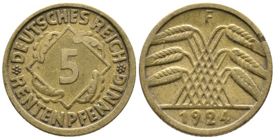 ГЕРМАНИЯ 5 РЕНТЕНПФЕННИГОВ 1924 F KM 32, J. 308 алюминиевая бронза 39-459