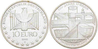 ФРГ 10 евро 2002 D, 100 лет немецкому метро KM 216, DE.S. 10.2 серебро UNC 413-4523