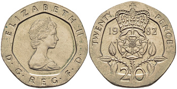 Великобритания 20 пенсов 1982 Елизавета II (1952-2022) KM 931, Spink 4230 (G1) медно-никель 67-832