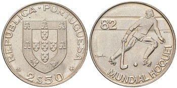 Португалия 2,5 эскудо 1982 Чемпионат мира по хоккею на роликах KM 613 медно-никель aUNC 4613-1061