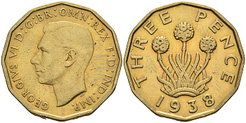 Великобритания 3 пенса 1938 Георг VI (1936-1952) KM 849, Spink 4112 никель латунь 4592-352