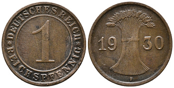 ГЕРМАНИЯ 1 РЕЙХСПФЕННИГ 1930 F KM 37, J. 313 бронза 39-1038
