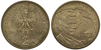 Польша 2 злотых 2011 MW, 70 лет со дня смерти Игнация Яна Падеревского (1860-1941) KM 789 нордик 111-443