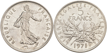 Франция 5 франков 1971 сеятель KM 926a.1, Le Franc 341.3 медно-никель плакированный никелем 3855-1034