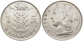 БЕЛЬГИЯ 1 ФРАНК 1988 BELGIQUE, БОДУЭН I (1951-1993) KM 142.1 медно-никель 119-533