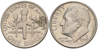 США 10 ЦЕНТОВ = 1 ДАЙМ 1990 D, РУЗВЕЛЬТ KM 195a медь плакированная медно-никелем 187-1064