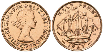 Великобритания 1/2 пенни 1967 Елизавета II (1952-2022) KM 896, Spink 4158 бронза 4579-726