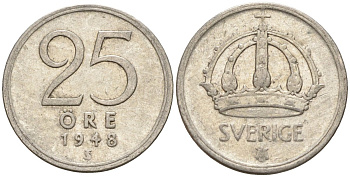 Швеция 25 эре 1948 TS, Густав V (1907-1950) KM 816 серебро 4147-1012