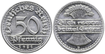 ГЕРМАНИЯ 50 ПФЕННИГОВ 1921 D KM 27, J. 301 алюминий 24-1017