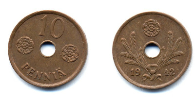 ФИНЛЯНДИЯ 10 ПЕННИ 1942 KM 33.1 медь 51-4965