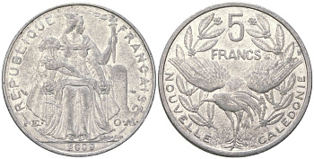 Французская Новая Каледония 5 франков 2009 птица кагу, (IEOM) KM 16, Schoen 12, Lec 81k алюминий 221-832