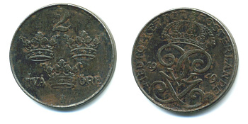 Швеция 2 эре 1949 длинная 9, Густав V (1907-1950) KM 811 железо 23-916