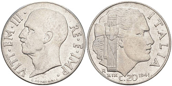 ИТАЛИЯ 20 ЧЕНТЕЗИМО 1941 R, ГОД XIX, ВИКТОР ЭММАНУИЛ III (1900-1946) KM 75b, VEM3. 1028 нержавеющая сталь 3853-633