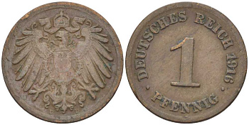 ГЕРМАНИЯ 1 ПФЕННИГ 1916 D KM 10, J. 10, Weege 2 бронза 206-1052