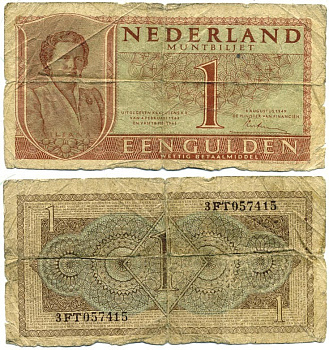 НИДЕРЛАНДЫ 1 ГУЛЬДЕН 1949 8 АВГУСТА 1949, КОРОЛЕВА ЮЛИАНА Pick 72 бумага 444-141-2