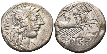 Римская Республика денарий 123 г. до н.э. монетарий М. Фанний, ROMA, голова Ромы в шлеме, X (обозначение номинала) / M FAN C F, Виктория в квадриге, Рим, 3,81 гр Cr. 275/1; Syd. 419 серебро 1073-9-15