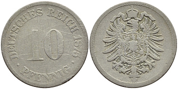 ГЕРМАНИЯ 10 ПФЕННИГОВ 1875 G, СТАРОГЕРБОВКА KM 4, J.4 медно-никель 4395-1227