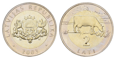 Латвия 2 лата 2003 корова KM 38 биметалл BU 4678-332