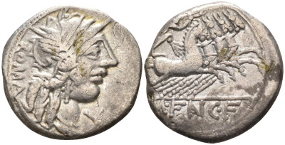 Римская Республика денарий 123 г. до н.э. монетарий М. Фанний, ROMA, голова Ромы в шлеме, X (обозначение номинала) / M FAN C F, Виктория в квадриге, Рим, 3,81 гр Cr. 275/1; Syd. 419 серебро 1073-9-15