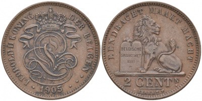 БЕЛЬГИЯ 2 САНТИМА 1905 BELGEN KM 36 медь 68-213