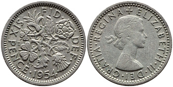 Великобритания 6 пенсов 1954 Елизавета II (1952-2022) KM 903, Spink 4149 медно-никель 4392-162