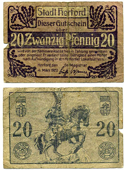 Херфорд 20 пфеннигов 1920 4 марта 1920, нотгельд, земля Северный Рейн-Вестфалия Grabowski H28.6b бумага 2193-23-1-2