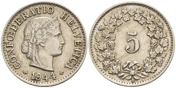 Швейцария 5 раппенов 1944 В KM 26 медно-никель 4532-941