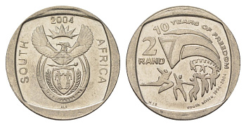 ЮАР 2 ранда 2004 10 лет первым всеобщим выборам KM 334 медь плакированная никелем UNC 4628-126