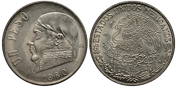 Мексика 1 песо 1980 Хосе Мария Морелос, закрытая 8 KM 460 медно-никель XF- 215-926