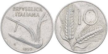 Италия 10 лир 1953 R, плуг, колосья KM 93 алюминий 4551-153