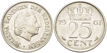 НИДЕРЛАНДЫ 25 ЦЕНТОВ 1961 ЮЛИАНА (1948-1980) KM 183 никель 214-932