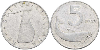 ИТАЛИЯ 5 ЛИР 1955 R, РУЛЬ, ДЕЛЬФИН KM 92 алюминий 175-133