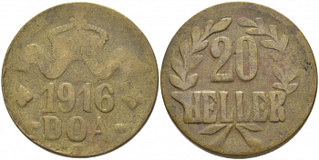 Немецкая Восточная Африка (Танзания) 20 геллеров 1916 T, Ost-Africa, большая корона, буквы LL острые Jaeger 725, KM 15a, WK 25 	латунь 5010-541