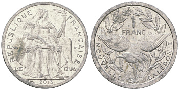 Французская Новая Каледония 1 франк 2013 птица кагу, (IEOM) KM 10, Schoen 10 алюминий 31-927