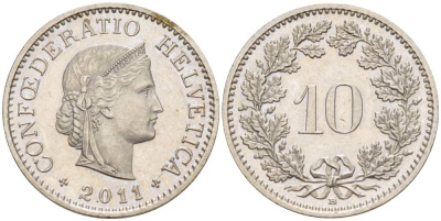 ШВЕЙЦАРИЯ 10 РАППЕНОВ 2011 В KM 27 медно-никель 4528-632