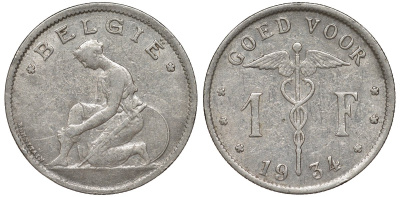Бельгия 1 франк 1934 Belgie KM 90 никель 51-1844