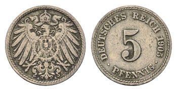Германия 5 пфеннигов 1905 A KM 11, J. 12 медно-никель 4696-625