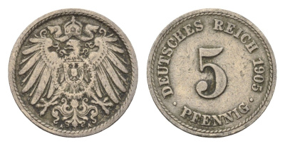 Германия 5 пфеннигов 1905 A KM 11, J. 12 медно-никель 4696-625