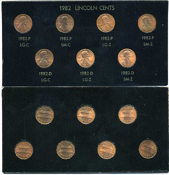 США НАБОР ИЗ 7 МОНЕТ ПО 1 ЦЕНТУ 1982 В БУКЛЕТЕ, ЛИНКОЛЬН ЦЕНТ, РАЗНОВИДНОСТИ МОНЕТНЫХ ДВОРОВ ДЕНВЕРА И ФИЛАДЕЛЬФИИ UNC 5-4-3-92