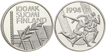 Финляндия 100 марок 1994 стадион дружбы, бег KM 78 серебро  PROOF  1095-1-11