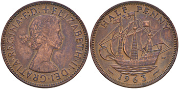 Великобритания 1/2 пенни 1963 Елизавета II (1952-2022) KM 896, Spink 4158 бронза 4561-534