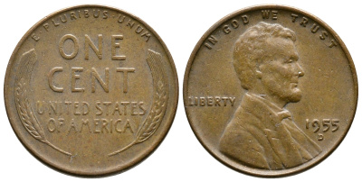 США 1 ЦЕНТ 1955 D ЛИНКОЛЬН KM А132 медь цинк 93-1211