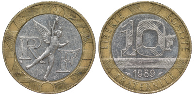Франция 10 франков 1989 тип гений Бастилии KM 964.1, Le Franc 375.3 биметалл  45-626