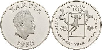Замбия 10 квача 1980 международный год детей, президент Каунда KM 21 серебро PROOF 11-315-13